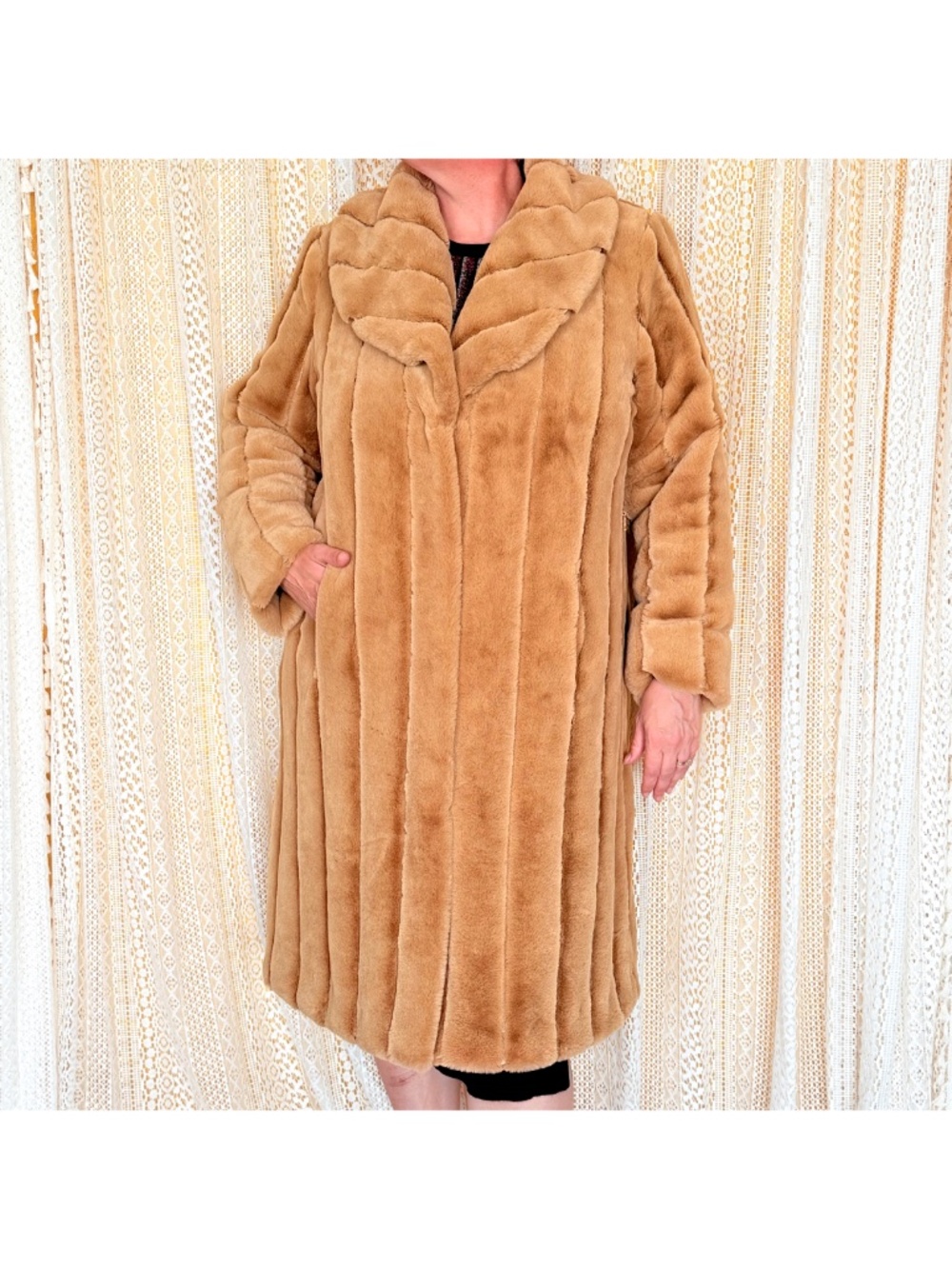 Dennis Basso Honey Faux Mink Fur Shawl Pimp Coat Mobwife Old Money Glam Sz L